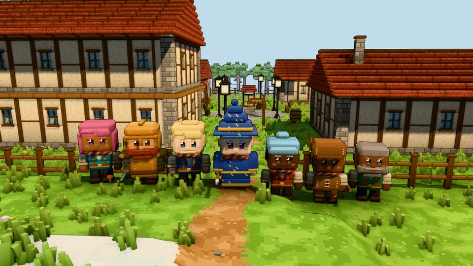 Seven characters with different looks and gear lined up in front of the village