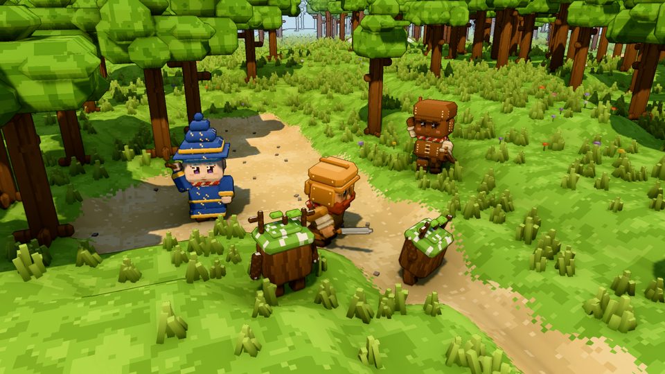 A warrior, ranger and mage fighting two Bramblekin on a forest path