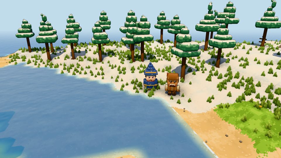 A mage and a ranger on a snowy lakeshore among frostpines