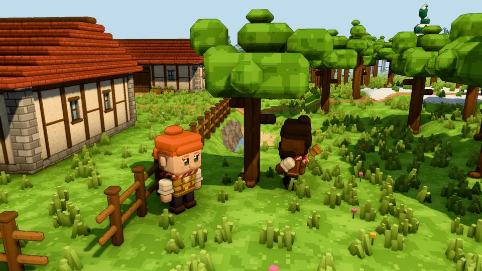 A woodcutter chopping a tree beside the village fence while a friend watches